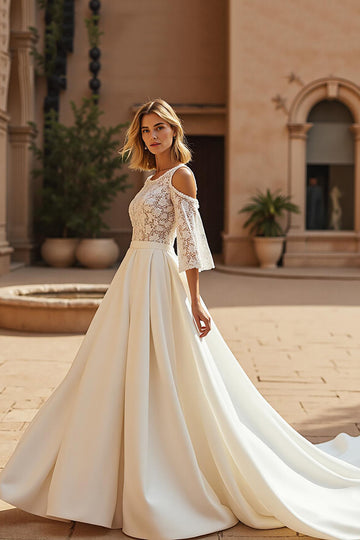 A Line Cold Shoulder Chapel Train Ivory Wedding Dress with Lace